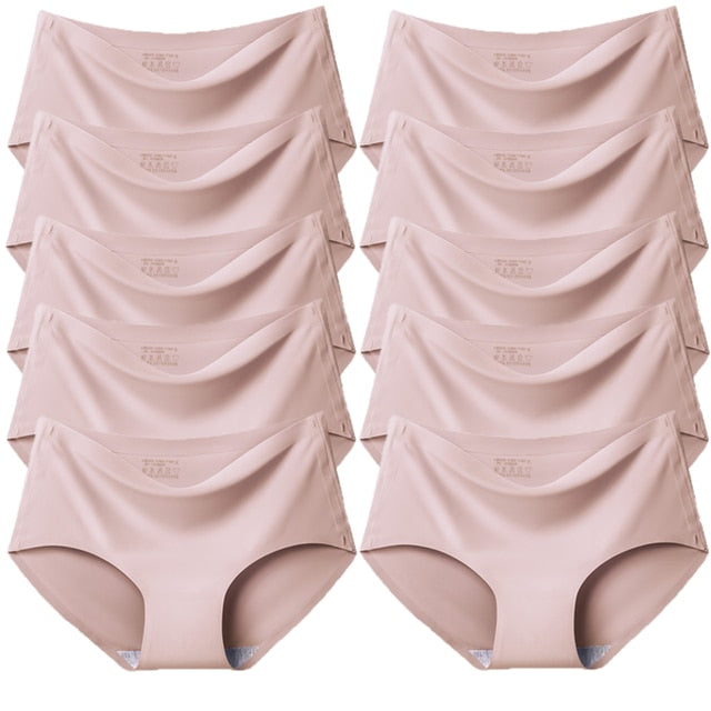 TrowBridge 10PCS/Set Women&#39;s Panties Solid Seamless Underwear Plus Size Comfortable Briefs Silk Satin Lingerie Health Underpants