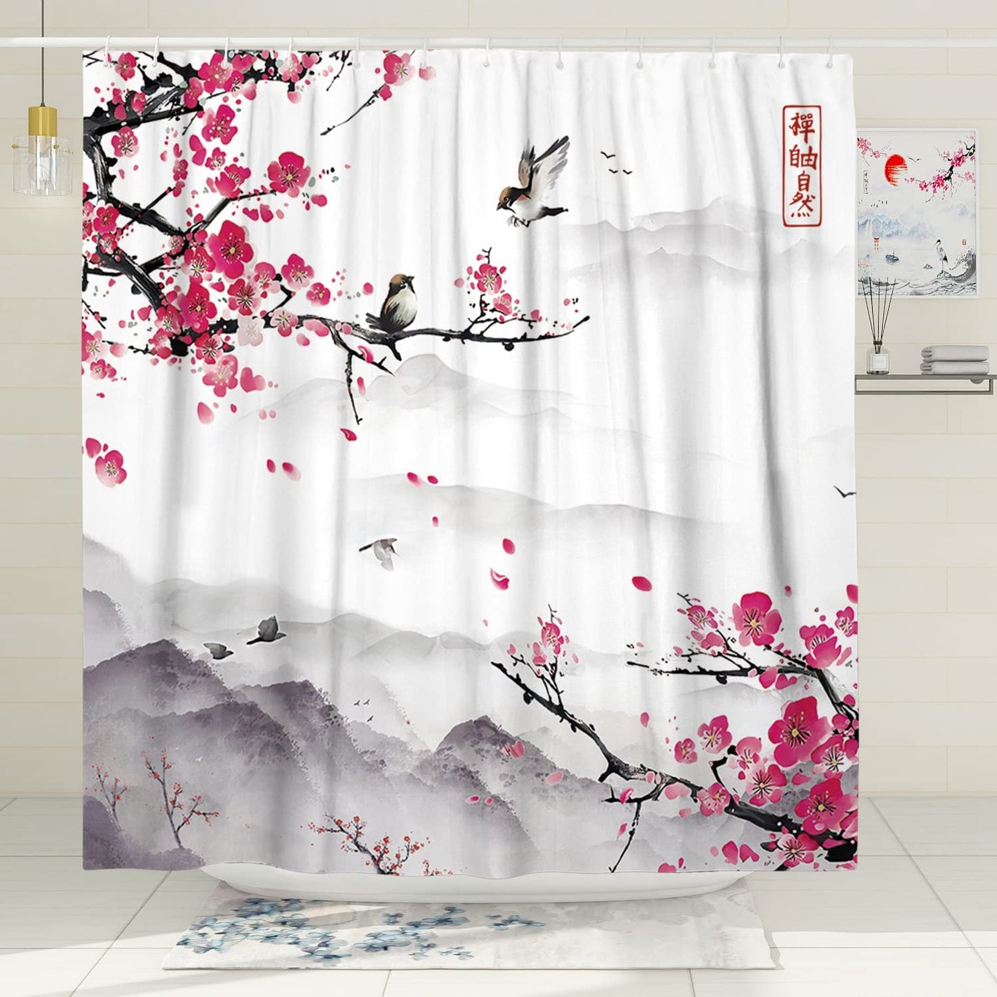 Witzest Japanese Shower Curtain Set Cherry Blossom Anime Shower Curtains for Bathroom Asian Mountain Art Bathroom Decor Polyester Fabric-72" x 72"