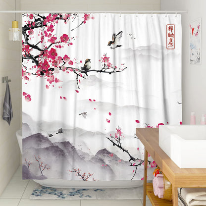 Witzest Japanese Shower Curtain Set Cherry Blossom Anime Shower Curtains for Bathroom Asian Mountain Art Bathroom Decor Polyester Fabric-72" x 72"