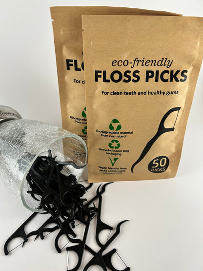 eco-friendly Floss Picks (100 Count) – Vegan Friendly, Eco-Friendly Natural Bamboo Charcoal Dental Floss Picks